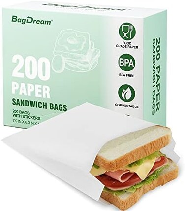 أكياس ورقية للساندويتشات من BagDream، مقاس 7.9 × 6.3 × 1.96 بوصة، 200 كيس، أكياس ورقية للمطبخ، قابلة للإغلاق بملصقات شكر، أكياس تخزين طعام من ورق زجاجي أبيض، أكياس هدايا.