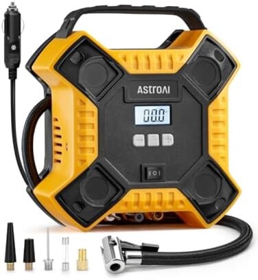 AstroAI Tyre Inflator Air Compressor Car Tyre Inflator 12V DC160PSI Integrated Metal Structure Digital Car Tyre Pump with LED Light, Auto-off for Cars, Bicycles, Motorcycles, and Others Yellow.