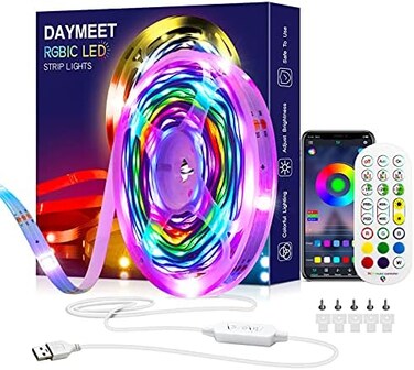 أضواء شريطية LED من Daymeet بطول 33 قدمًا، شرائط LED بألوان قوس قزح RGBIC، أضواء متغيرة الألوان متزامنة مع الموسيقى، ميكروفون مدمج، بلوتوث مع تطبيق وجهاز تحكم عن بعد، أضواء LED لغرفة النوم والمطبخ وال