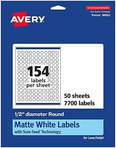 Avery Matte White Round Labels with Sure Feed, 1/2" diameter, 7,700 Matte White Printable Labels.