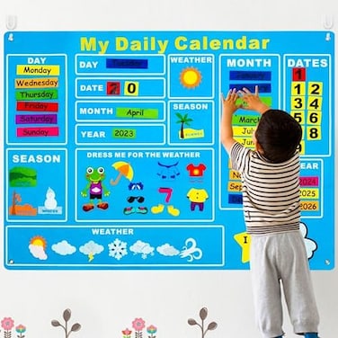 WATINC My First Daily Calendar Felt-Board for Kids 3. 5Ft 70Pcs All About Today Funky Frog Weather Season Chart Days of The Week Circle Time Bulletin Board Preschool Early Learning Play Kit for Wall.