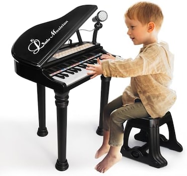 Love&amp;Mini LoveMini Piano Keyboard Toy for Kids - 31 Keys Toddlers Black Piano Toy with Microphone and Stool for Kids Age 3Years Old Girls Boys Birthday Gift.