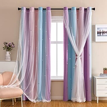 XiDi Dream Star Blackout Curtains for Kids Rooms Girl Princess Curtain for Daughter Bedroom Window (Pink Purple, W52 X L63.