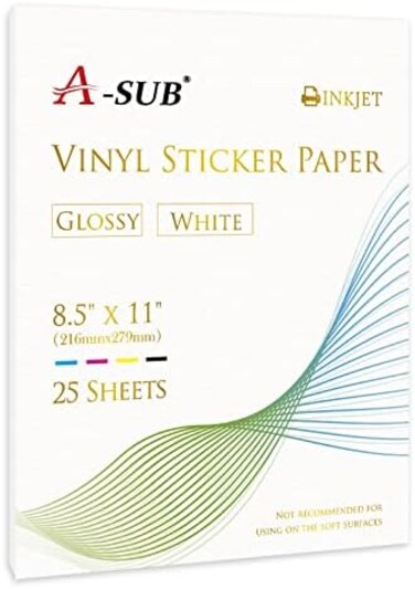 A-SUB 25 Sheets Printable Vinyl Sticker Paper for Inkjet Printer, Glossy White 8. 5X11 In Waterproof Full Sheet Label Paper for DIY Any Sticker You Like.