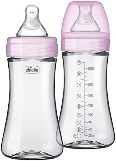 Chicco Duo 9oz. Hybrid Baby Bottle with Invinci-Glass Inside/Plastic Outside 2-Pack with Slow Flow Anti-Colic - Pink.
