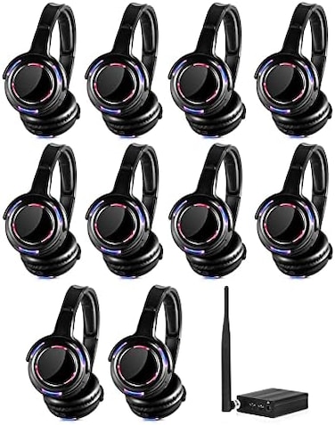 AYVVPII 10pcs Bundle Wireless Silent Disco LED Flashing Light Headphones with 1 Transmitter 500m Distance.