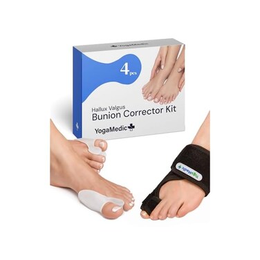 YOGAMEDIC Bunion Corrector Toe Straightener to Relax, Spread and Stretch- 2x Bunion Splints, 2x Silicone Bunion Correctors - DayNight Time Adjustable, Flexible Bunion Support Kit- for WomenMen.