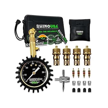 Rhino USA Adjustable Tire Deflators with Gauge (0-60psiCalibratedAutomatic Tire Air Down Tool - Large 2" Easy Read Glow DialSolid Brass Hardware - Best Offroad Deflator for Jeep, Truck or ATV.