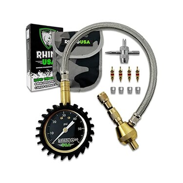 Rhino USA Rapid Tire Deflators with Gauge (0-60psiAutomaticAdjustable Tire Air Down Tool - Large 2" Easy Read Glow DialSolid Brass Hardware - Best Offroad Deflator for Jeep, Truck or ATV.
