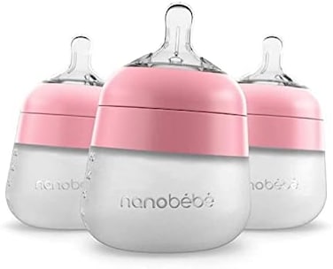 Nanob&eacute;b&eacute; Flexy Silicone Baby Bottle, Anti-Colic, Natural Feel, Non-Collapsing, Non-Tip Stable Base, Easy to Clean 3-Pack, Pink, 5 oz, 150 ml.