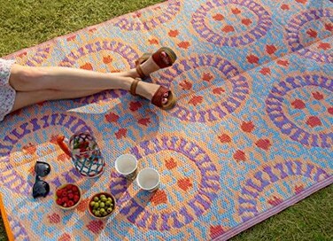 Talking Tables Boho Woven Waterproof Outdoor RugPlastic, LightweightNon Slip Mat with Double-Sided Geometric Patternfor Garden, Patio, Decking, Bathroom, Utility, Picnic.