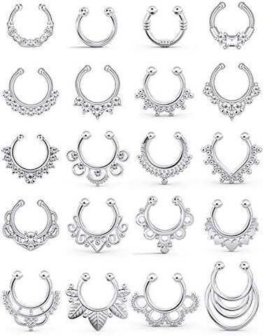 SCERRING Fake Septum Nose Hoop Rings Clear CZ Faux Non Pierced Clicker Hanger Nose Septum Ring Clip On Body Piercing Jewelry 20PCS.