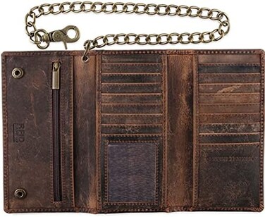 F&amp;L CLASSIC FL CLASSIC RFID Blocking Mens Tri-fold Long Style Cowhide Leather Steel Chain Wallet,buffalo vintage leather, buffalo vintage leather, One Size, Tri-fold Chain Wallet.