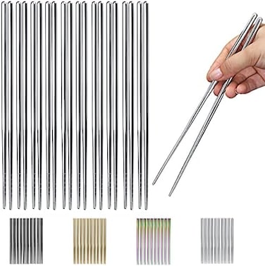 HOMQUEN 10 Pairs Reusable Chopsticks, Stainless Steel Metal Chop Sticks, Japanese Chinese Korean Chopstick Dishwasher Safe, 8. 9 Inch (Silver/Chop sticks.