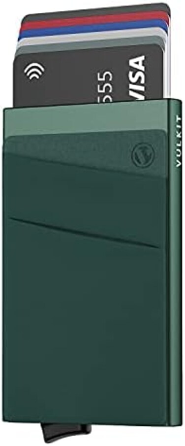 VULKIT Card Holder with Money Pocket Pop Up Wallet RFID Blocking Slim Metal Bank Card Case Holds.