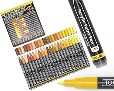 TOOLI-ART Acrylic Paint Pens 22 YellowBrown Tones Assorted Pro Color Series Markers Set 0. 7mm Extra Fine Tip for Rock Painting, Glass, Mugs, Wood, Metal, Canvas, Projects, Non Toxic, Waterbased, Quic
