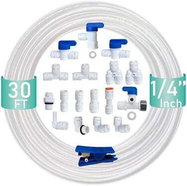 ESHIONG NSF Certified 1/4" O. D. Push to Connect Fittings for RO (Reverse OsmosisWater Filter（with Shut-Off T Valve18 pcs30 feet 1/4" Water tubing.