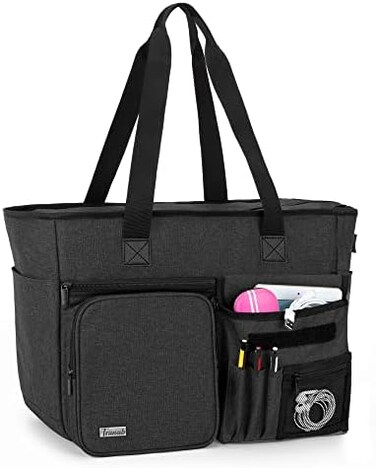 Trunab Teacher Tote Bag, Teacher Work Bag with Multiple Pocket and Padded Compartment for up to 15. 6&rdquo;Laptop, Zip Top Utility Carrying Bag for Working Women, Travel, School, Office, Business, Black,.