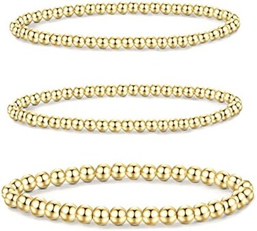 MOROTOLE 5PCS 14K Gold Plated Bracelets Set for Women Men Adjustable Hypoallergenic Stackable Stretch Bracelet Cuban Chunky Flat Link Chain Beaded Punk Gold Bracelets Jewelry Gifts for Women Girls.