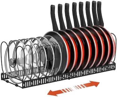 Housolution Pot and Pan Organizer Rack for Cabinet, Expandable Pot Lid Organizer Holder with 14 Adjustable Dividers, Fully Expanded Size 22. 83" W x 7. 09" D x 7. 09" H, Black.