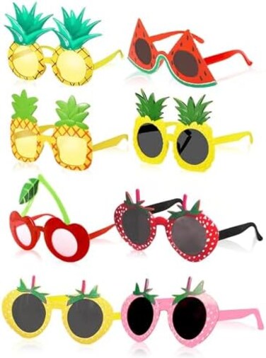 HIPIHOM 8Pcs Fruit Eyeglasses Adult Kids Funny Sunglasses Dress Props for Hawaiian Beach Luau Theme Party Supplies.