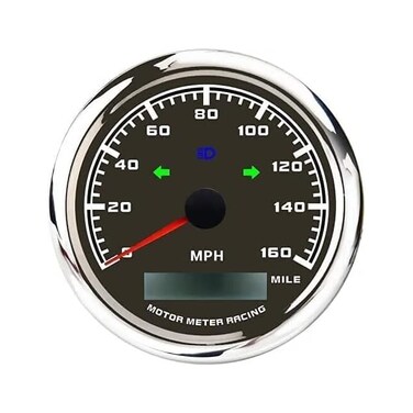 عداد سرعة MOTOR METER RACING W Pro 85mm 3-3/8" GPS مع إشارة انعطاف وشعاع عالي 160 ميل في الساعة، مينا أسود، عداد مسافة رقمي LED أبيض، مقاوم للماء للسيارات والشاحنات والدراجات النارية والهارلي والقوارب