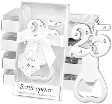 Qonmpcvu 24PCS 25th Birthday Party Favors for Guests,Number 25 Silver Wedding Anniversary Beer Bottle Openers Gifts, Decorations,Souvenirs for Guests for Bridal Shower Favors (24, 25.