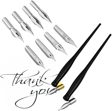 Zonon 2 Sets/ 10 Pieces Dip Pen Set Include 2 Pieces 2-in-1 Calligraphy Oblique or Straight Penholder with an Interior Nib Compartment and 8 Pieces Replacement Nibs.