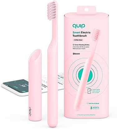 Quip Smart Sonic Toothbrush for Adults - Timed Electric Toothbrush with BluetoothRewards App - Replaceable Brush Head, Soft Bristles, Metal Handle, 3 Month Battery Life - Travel Brush - All-Pink.