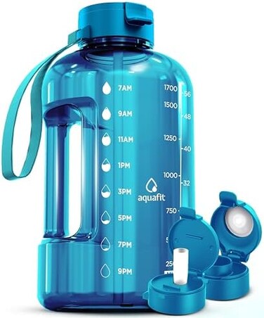 AQUAFIT Half Gallon Water Bottle With Time Marker - 64 oz Water Bottle With Straw - Gym Water Bottle With Strap - Big Water Bottle - Reusable Water Bottles With Straw - Large Water Bottle With Handle.