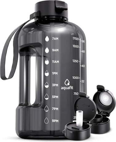 AQUAFIT 64 oz Water Bottle with Time Marker - StrawChug Lid - BPA Free Half Gallon Water Bottle, Big Water Bottle with Straw, Gym Water Bottle with Handle, Gallon Water Jug (Gray, 64 Ounces.