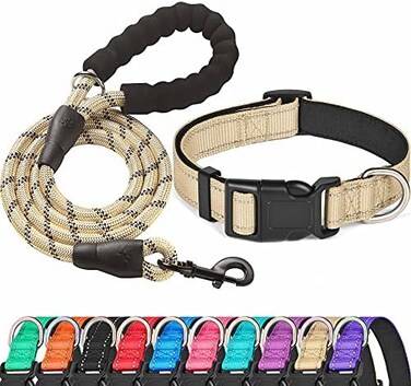 ladoogo Reflective Dog Collar Padded with Soft Neoprene Breathable Adjustable Nylon Dog Collars for Small Medium Large Dogs (Medium (Pack of 1, Vanilla CollarLeash.