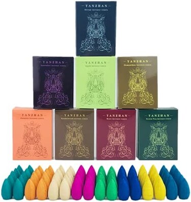 YANZHAN 80 Pcs Backflow Incense Cones 8 Mixed Natural Scents Sandalwood Rose Green Tea Lavender Osmanthus Jasmine Ocean Apple (Incense Cones.
