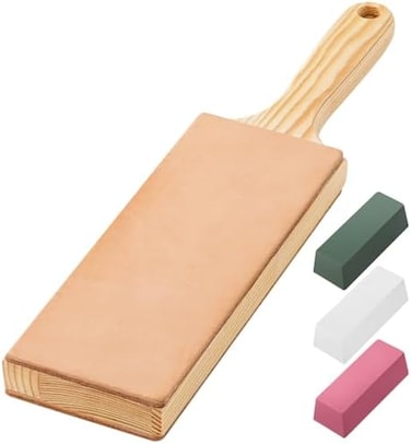 Angerstone Double Sided Leather Strop Kit(14. 3" x 3" Knife Stropping Leatherwith Ergonomic Handle - Knife Strop for Sharpening Knives, Wood Carving Chisels, Buffing Compound Included.