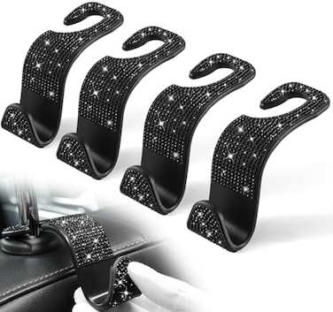 LivTee Crystal Bling Rhinestone Car Back Seat Hooks, Pack of 4 (Black.