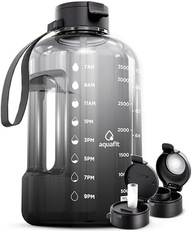 AQUAFIT 1 Gallon Water Bottle with Time Marker - StrawChug Lid - BPA Free Big Water Bottle with Straw - Gym Water Bottle with Handle - Gallon Water Jug (128 Ounces, Midnight Gray.