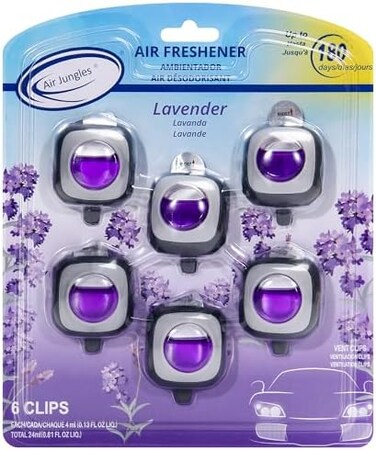 Air Jungles Lavender Zen Scent Car Air Freshener Clip, 6 Car Freshener Vent Clips, 4ml Each, Long Lasting Air Freshener for Car, Up to 180 Days Car Refresher Odor Eliminator.