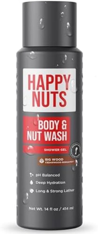 HAPPY NUTS Body and Nut Wash for Men - Big Wood - Natural Men's Shower Gel - Sandalwood Body Wash.