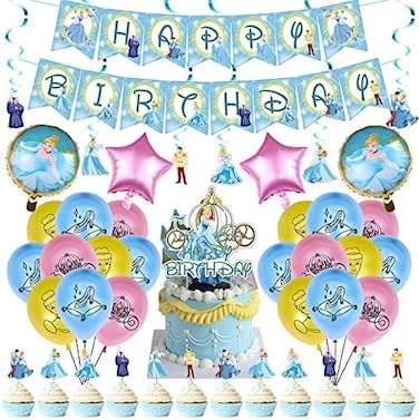UINKI Cinderella Birthday Party Supplies, Cinderella Party Decorations,Cinderella Party Theme Includes Cinderella Balloons,Banner,Cake Toppers,Swirls for Kids Birthday Princess Theme Party Decorations