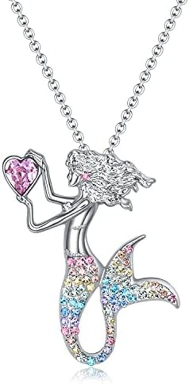luomart Fashion Mermaid Birthstone Necklace Jewelry White Gold Plated Austrian Crystal Pendant Gift for Girls Women, Rhinestone, Rhinestone.