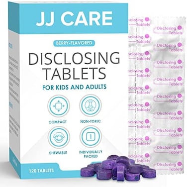 JJ CARE Disclosing Tablets - 120 Count of Teeth Coloring Plaque Disclosing Tablets, Berry Flavored Dental Disclosing Tablets for Kids and Adults, Individually Wrapped Plaque Tablets.