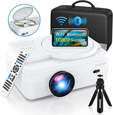 Dxyiitoo Full HD WiFi Bluetooth Projector Built in DVD Player, 8000LM 1080P Supported, Portable Mini DVD Projector for Outdoor Movies, 250" Home Theater, Compatible with iOS/Android/TV Stick/PS4/HDMI/