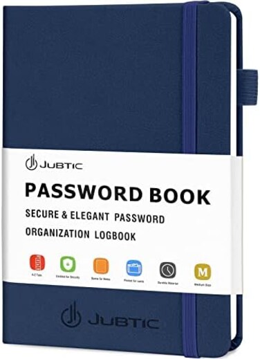 JUBTIC Password Keeper Book with Alphabetical Tabs. Medium Size Password Book for Seniors, Internet Website Address Log in Detail. Hardcover Password Notebook for Home Office, Navy Blue.