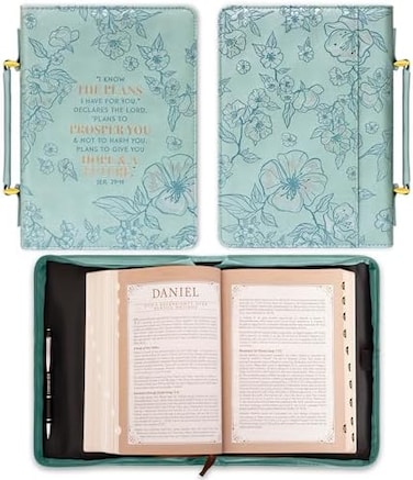 Christian Art Gifts Faux Leather Fashion Bible Cover: I Know The Plans I Have for You - Jeremiah 29:11 Inspirational Bible Verse, Debossed Floral Teal Design, Large.
