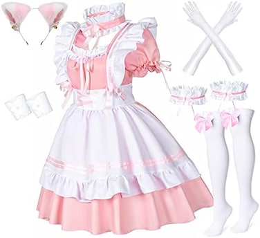 Wannsee Anime French Maid Apron Lolita Fancy Dress Cosplay Costume Furry Cat Ear Gloves Socks set.