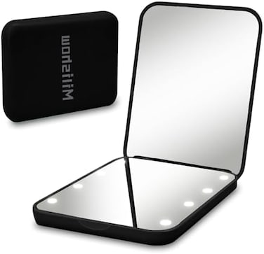 Milishow Compact Mirror, 1x/3x Magnifying LED Pocket Mirror, Small Lighted Travel Makeup Mirror for Purse, Handbag, Folding, Handheld, 2-Sided Mini Mirror with Lights for Women (Battery Black 1pack.