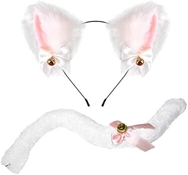 Funcredible White Cat Ears and Tail - Furry Cat Costume - Kitten Anime Neko Ears - Cat Halloween Costumes for Woman Girls Adult Kids.