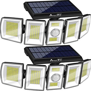 مصابيح AmeriTop الشمسية الخارجية 300 LED 6500K مع مستشعر حركة لاسلكي؛ 5 رؤوس قابلة للتعديل، إضاءة بزاوية واسعة 360 درجة، مقاومة للماء بمعيار IP65، مصباح أمان كاشف للفناء والحديقة، عبوة من قطعتين.
