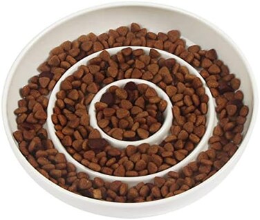 SLSON Cat Slow Feeder Bowl,Ceramic Slow Feed Cat Bowls Heavy and Shallow Wisker Stress-Free Pets Dish for Kittens Small Pets Wet Food,White.