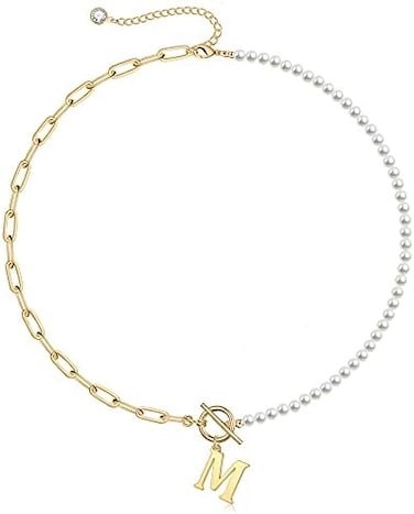 Yoosteel Dainty Initial Pearl Necklace for Women, 14K Gold Plated Paperclip Link Chain Necklace Toggle Clasp Necklace Initial Necklaces Gold Jewelry for Women Letter M, Metal, not known.